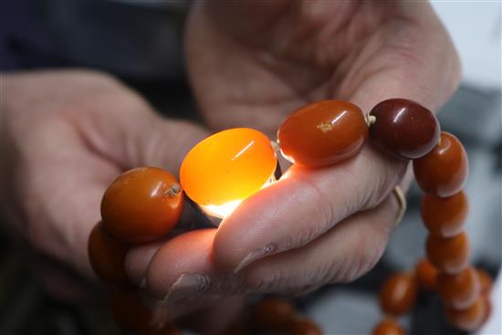 A single strand graduated oval amber bead necklace with 9ct gold clasp, gross weight 62 grams, 60cm.